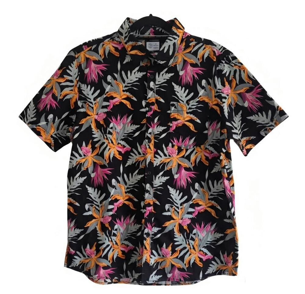 Hurley Hawaiian Floral Shirt Mens XL Black Tropical Button Up Stretch Cotton